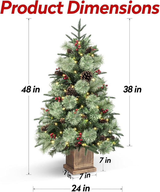 Jin&Bao 4FT Potted Christmas Tree with 100 Lights, Artificial Christmas Tree Outdoor Decor 8 Mode Timer Waterproof with Long Pine Cones & Red Berries for Front Door, Porch, 2 Pack