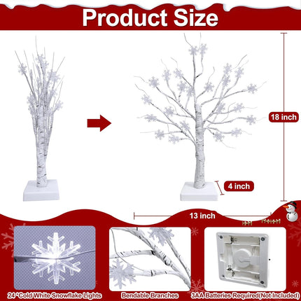 TURNMEON Tabletop Christmas Tree, 2 Pack Lighted Birches Tree Small Christmas Tree, Prelit 48 Snowflake White Lights Timer, Battery Operated Adjustable Branches Xmas Decor Home Indoor Mantel 18 inch
