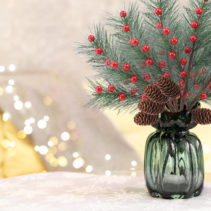 6 Pack Christmas Berries Pine Picks Christmas Flowers Artificial Red Berry Pine Branches Long Faux Pine Stems with Pinecones for Xmas Tree Wreath Floral Arrangement DIY Crafts Holiday Decor