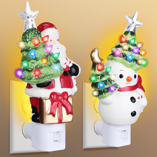 2 Pack Christmas Decoration Night Light Plug Ceramic Christmas Santa Night Light with Switch LED Snowman Night Light for Christmas Holiday Decor Home Room Fireplace Office