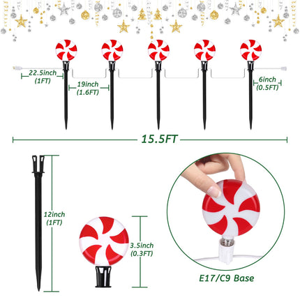 Christmas Lollipop Pathway String Lights, 15.5FT Outdoor Candy Lights with 10 Lights, Connectable Path Lights with Stakes, Festive Waterproof Decoration for Yard, Garden, Xmas Tree