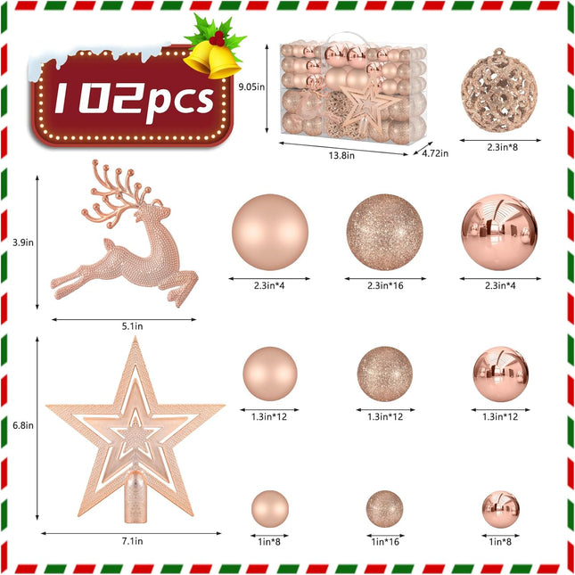 102PCS Assorted Rose Gold Christmas Ornaments, Christmas Balls Ornaments,Xmas Tree Ornaments,Plastic Shatterproof Christmas Ornaments,Christmas Tree Decorations Set