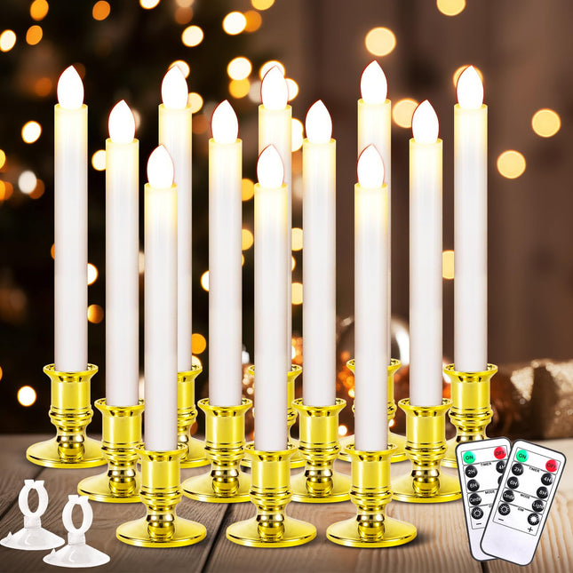 12 Pack Christmas Window Candles, Battery Operated Window Candles with Timer Remote, LED Window Candles with Candle Holders Suction Cups, Flickering Candles for Christmas Decorations, Gold