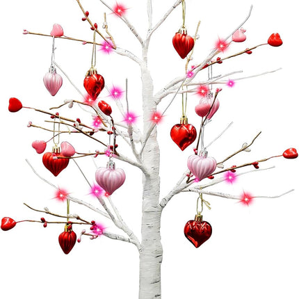 [Red Pink Lights & Timer] Valentines Day 24 Inch Birch Tree Decor with 10 DIY Heart Ornaments 24 Red Pink LED Lights Battery Operated Valentine's Day Decorations for Home Tabletop Party Wedding