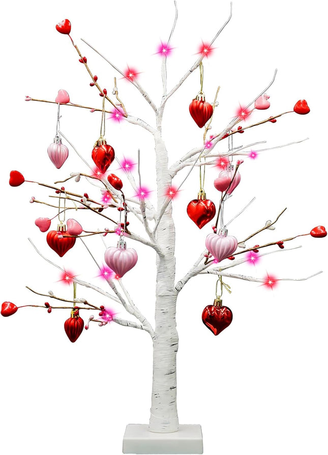 [Red Pink Lights & Timer] Valentines Day 24 Inch Birch Tree Decor with 10 DIY Heart Ornaments 24 Red Pink LED Lights Battery Operated Valentine's Day Decorations for Home Tabletop Party Wedding