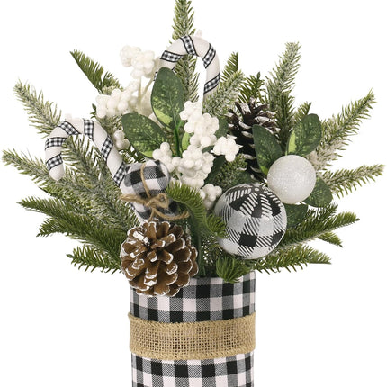 Super Holiday Small Buffalo Check Plaid Christmas Tree, Artificial Mini Tabletop Christmas Tree Decorations with Xmas Ornaments, for Home Party Thankgivings Decor, Black/White-Indoor