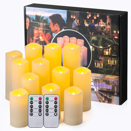 Waterproof Flickering Flameless Candles, Set of 12 Battery Operated Candles (D2.2'' x H4''5''6''7"), Outdoor Indoor Candles with 10-Key Timer Remote, Long Lasting