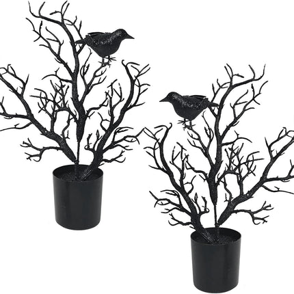 2PCS Halloween Black Tree Decorations Indoor Outdoor, Halloween Black Spooky Tree Branches with Crows for Home Window Table Centerpiece Fireplace Halloween Party Decorations