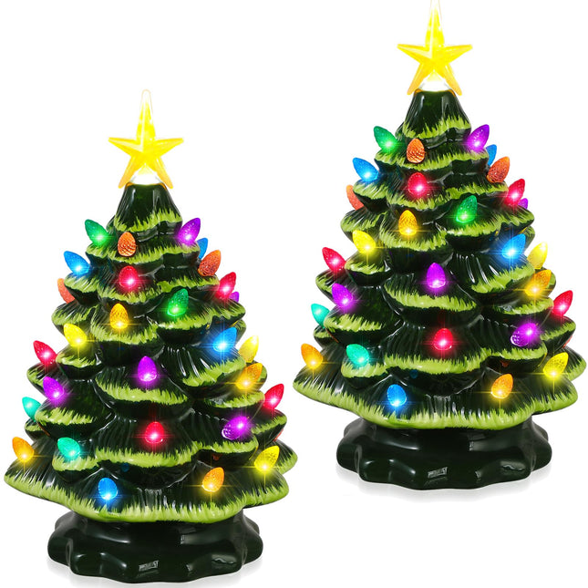 2 Pieces 9.8 Inch Ceramic Christmas Tree with Multicolored Lights Vintage Green Tabletop Christmas Tree with Lights and Star Topper Lighted Desk Classic Series Christmas Decoration