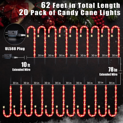 20 Pack 36" Candy Cane Lights Outdoor Pathway Real 30" Tall Candy Cane Pathway Lights, 62FT Christmas Decorations Outside, 8 Falshing Modes Christmas Candy Cane Lights, 30V Warm LED Lights Snowflake