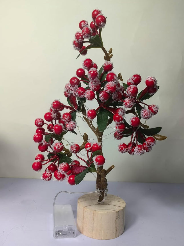 12" Tabletop Mini Christmas Red Berries Tree with Light, Artificial Small Christmas Berry Tree for Xmas Decorations Home Decor (Red)