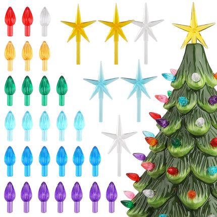 Ceramic Christmas Tree Replacement Light Bulb Set, 140Pcs Multicolor Ceramic Christmas Tree Replacement Bulbs Medium Twist Light Ornaments and 3Pcs Topper Stars for Ceramic Christmas Tree