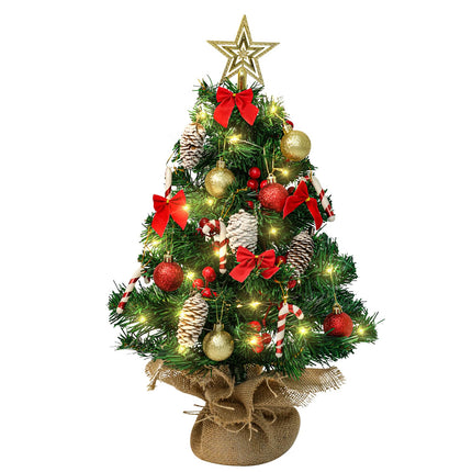 24 Inch Mini Christmas Tree, Small Artificial Christmas Tree with LED String Lights, Star Tree Topper and Hanging Ornaments, Tabletop Christmas Tree with Lights for Holiday DIY Christmas Decorations