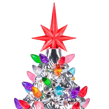 RJ Legend Christmas Tree – Festive Lighted with 50+ Multicolor Bulbs, Operated by LED, Ceramic – Retro Winter Tree - Silver, 9.6-Inch