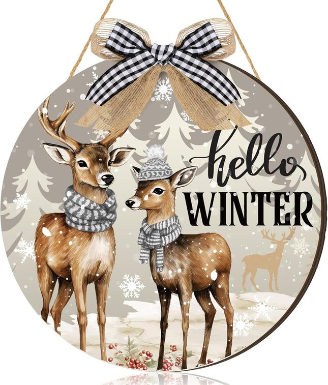 Hello Winter Door Sign Christmas Snowflake Welcome Sign Winter Door Decor Wooden Wall Hanger with Bow Wreath for Forest Wonderland Front Porch Yard Indoor Outdoor Decorations(Reindeer)