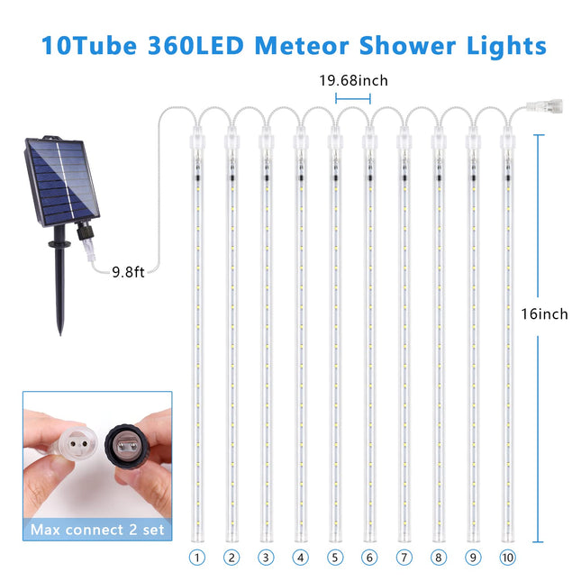 Blingstar Meteor Shower Lights 10Tubes 16Inch 360LED Solar Christmas Lights Outdoor Waterproof Falling Rain Lights Cool White Snowfall LED Lights for Outside Christmas Halloween House Tree Decoration