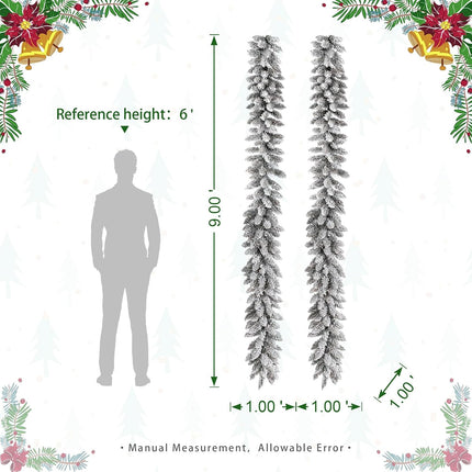 Glitzhome 2PCS Pre-Lit Snow Flocked Christmas Garlands with Warm White LED Lights and Timer for Home Fireplace Office Windows Front Door Wall Christmas Tree - 9 ft