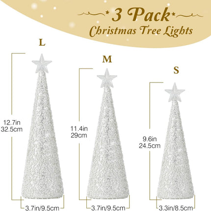 Lewondr LED Glass Christmas Tree Tabletop with Glitters & Beads Warm Yellow Light, 3 PCS 6H Timer Battery Operated Christmas Table Lamps Ornaments for Xmas Table Decorations Holiday Season Decor