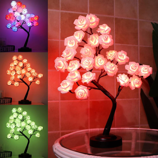 Fanshunlite Tabletop Bonsai Tree Colorful 18" 24 LED Rose Flower Tree with 18 Colors Changing, Table Lamp for Girls Teens, Multi Color Light Decorative Desk Tree for Home Party Wedding Bedroom, Red