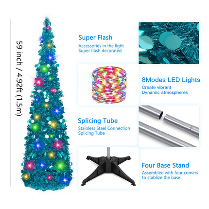 N&T NIETING Christmas Tree with Lights, 5ft Collapsible Pop Up Blue Tinsel Christmas Tree Coastal Christmas Tree for Holiday Xmas Decorations, Home Display, Office Decor