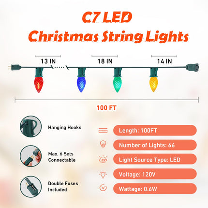 100FT Christmas Outdoor String Lights, Indoor C7 Light Strand with 66 Multi Color Strawberry LED Bulbs, Waterproof Linkable Green Wire Christmas Lights for Outside Bistro Cafe Party Christmas Tree