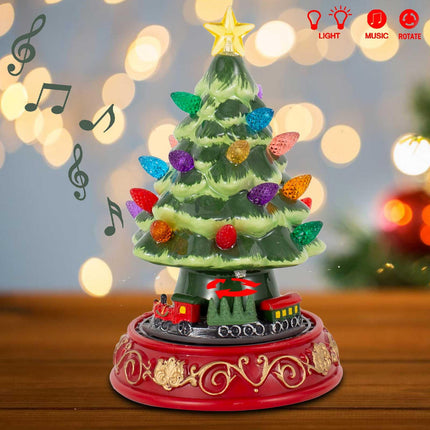 innodept12 Lighted Christmas Tree with Rotating Train - Prelit Tabletop Samll Tree Decor Animated Christmas Train with Top Star & Bulbs for Best Xmas Decoration