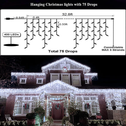 Led Christmas Lights Outdoor Christmas Decorations Hanging Lights 400LED 8 Modes 75 Drops, Outdoor Indoor Fairy String Lights for Christmas Party, Holiday, Wedding Decorations (CoolWhite)