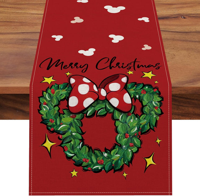 Seliem Merry Christmas Mouse Wreath Table Runner, Xmas Red Polka Dot Bow Stars Kitchen Dining Table Decor, Winter Holiday Farmhouse Home Decoration Indoor Outdoor Party Supply 13 x 72 Inches