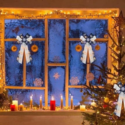 Large Christmas Wreath Bows with Mini LED Strip Christmas Navy Blue Snowflake Ribbon Bows for Wreath, Tree Topper Bows for Xmas Year Home Indoor Outdoor Party Decoration Wreath Ornament Supplies
