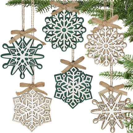 Partbus 12Pcs Snowflake Christmas Wood Cutouts, Unfinished Wooden Snowflakes Ornaments Embellishments for Xmas Decor, Christmas Tree Decorations with Drawstrings DIY Crafts