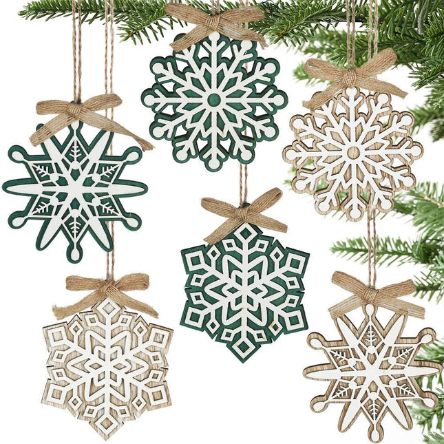 Partbus 12Pcs Snowflake Christmas Wood Cutouts, Unfinished Wooden Snowflakes Ornaments Embellishments for Xmas Decor, Christmas Tree Decorations with Drawstrings DIY Crafts
