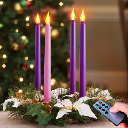 Set of 4 Battery Operated Flameless Taper Candles for Advent Wreath - 3 Purple, 1 Pink - Flickering Candles for Home, Church, School Decor