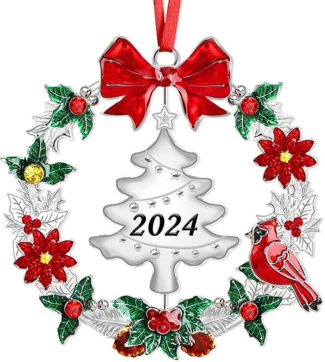 Christmas Ornaments for Tree,Christmas Wreath Ornaments with Rotatable Tree for Christmas Tree Decorations Holiday Decorative Annual Keepsake (Metal,Silver)