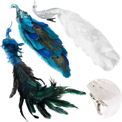 Giegxin 3 Pcs Peacock Christmas Tree Ornaments 17.7 Inch Artificial Peacock Birds Ornament Glitter Peacock Sequin Birds Clip on Christmas Tree Ornaments Peacock for Christmas Tree Decor