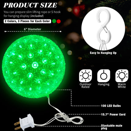 6 Pcs 5.5 in Christmas Starlight Sphere 100 LED Lighted Sphere Balls Christmas Hanging Ball Light with Stackable Plug for Trees Xmas Party Weddings Porches Indoor Outdoor Decor(Red, Green)