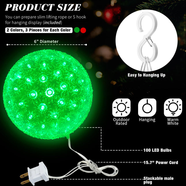 6 Pcs 5.5 in Christmas Starlight Sphere 100 LED Lighted Sphere Balls Christmas Hanging Ball Light with Stackable Plug for Trees Xmas Party Weddings Porches Indoor Outdoor Decor(Red, Green)