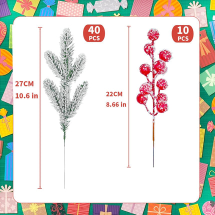 Christmas Greenery Stems 50PCS, Snowy Artificial Pine Stems Frosted Red Berry Stems 10.6" Faux Greenery Pine Branches Christmas Picks for DIY Christmas Garland Wreath Cedar Garland Home Dector (Snowy)