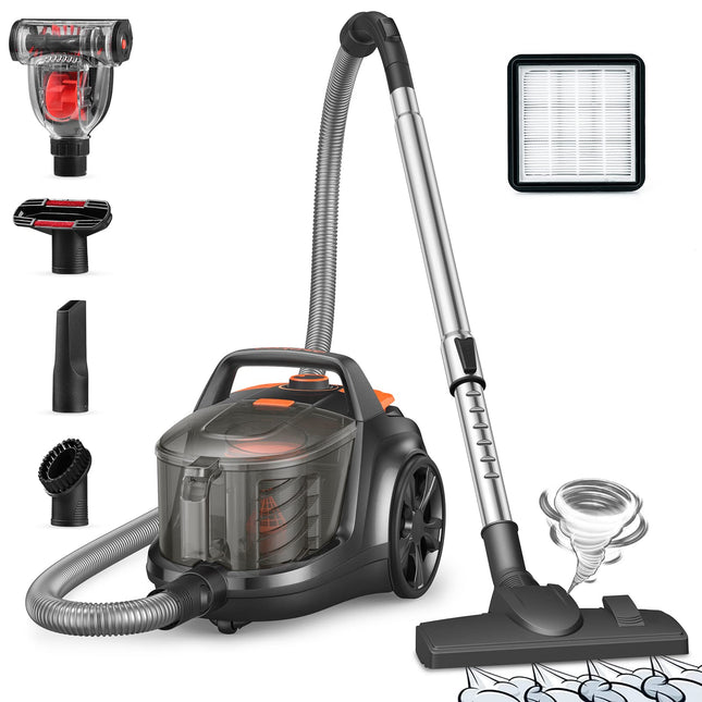 Aspiron Canister Vacuum Cleaner, 1200W Lightweight Bagless Vacuum Cleaner, 3.7Qt Capacity, Automatic Cord Rewind, 5 Tools, Hepa Filter, Pet Friendly Vacuum Cleaner For Hard Floors, Pet Hair, Carpet