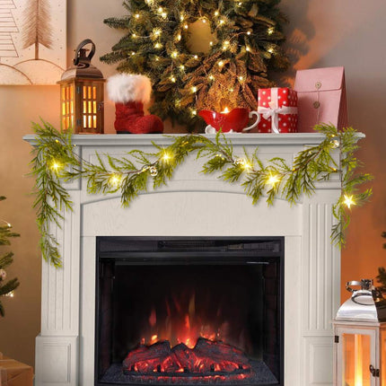 6.4FT Christmas Garland Decorations with Led & Star Lights, Faux Spruce Evergreen Garland Prelit Garland Indoor Christmas Decor with Silver Jingle BellsMantel Garland for Xmas Eve Fireplace Stairs