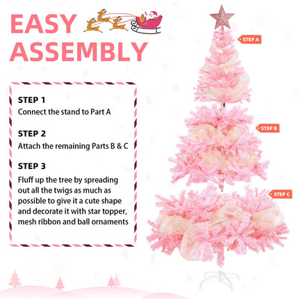 6ft Pink Artificial Christmas Tree: with Christmas Tree Balls Ornaments Shatterproof Xmas Bulbs & Decorative Mesh Ribbbon - Foldable Stand - Holiday Decoration for Party Indoor Home Xmas Tree Decor