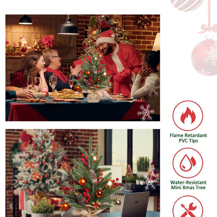 Tabletop Christmas Tree 19 Inch Artificial Mini Christmas Tree Non-Lit Snowy Small Christmas Tree with Pine Cones Red Berries for Christmas Holiday Mantle Table Top Home Indoor Decor