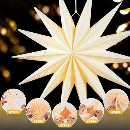 PAPER JAZZ 3 Pcs Christmas 3D Paper Star Lantern 9 Pointed Brown Hanging 12 Inch Beige Star Paper Lantern with String Light White Hollow Star Paper Lamp for Xmas Wedding Birthday Party Decorations