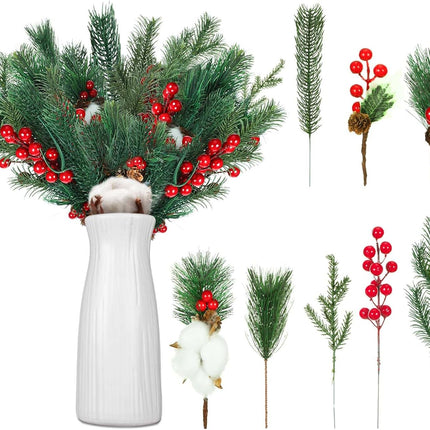 Lyrow 100 Pcs Artificial Pine Branches Green Pine Needles Fake Greenery Christmas Picks Floral Christmas Wreath Decorations Holly Red Berry Stems for Winter Holiday DIY Garland Home Garden Decor