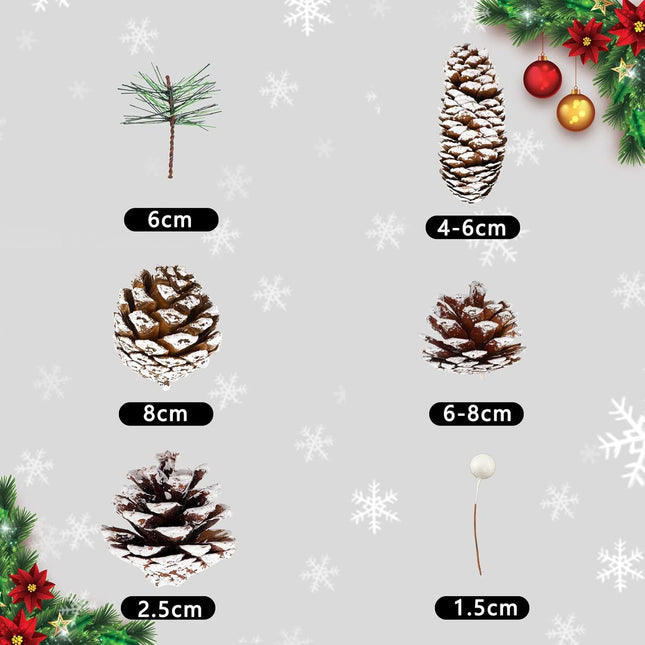 Whaline 170Pcs Christmas Pine Cones Berry Pine Branch Set Snow Pinecones Pendant White Winter Holiday Ornament for DIY Crafts Home Decorations Xmas Tree Tag Party Supplies, Assorted Sizes