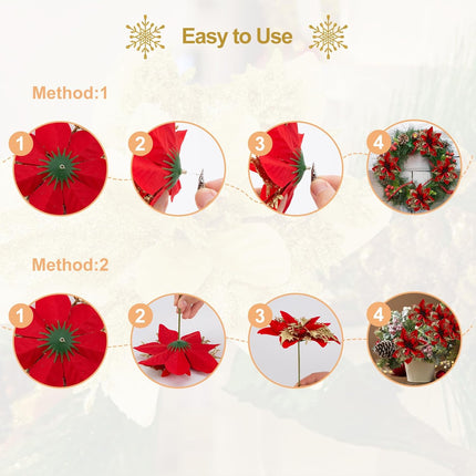 SPORTYOUTH 30 Pcs Red Gold Poinsettias Artificial Christmas Flowers Large 5.5" Glitter Poinsettia Christmas Tree Decoration Flower with Clips & Stems for Xmas Wreath Year Wedding Party Ornament