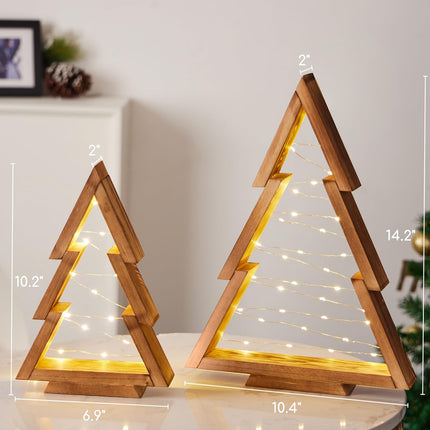 2 Pack Wooden Tabletop Christmas Trees with Lights, Modern Christmas Decorations Indoor, Farmhouse Christmas Decor Small Tree for Table Top, Mantle, Shelf (Large-14.2 in, Small-10.2 in)