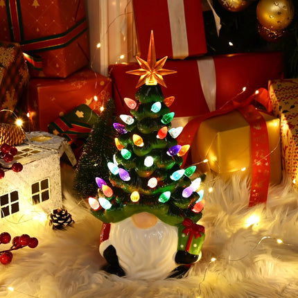 Ceramic Christmas Trees That Light Up Christmas Gnomes, 12" Gnome Christmas Tree with 46 Lights, Small Tabletop Christmas Tree Gnome Christmas Decorations for Home Room Fireplace (Green)