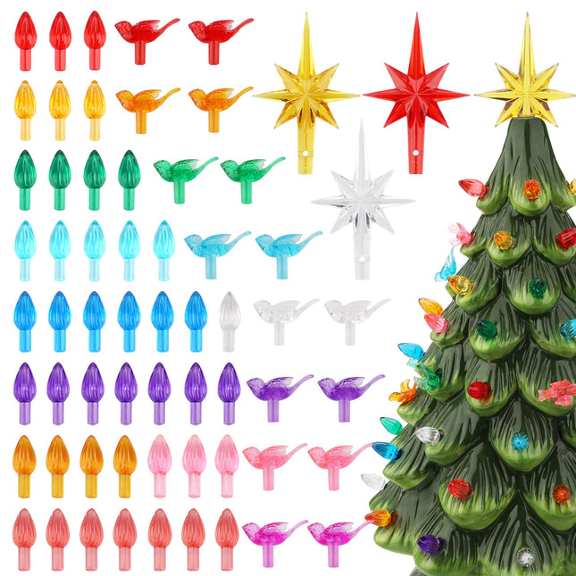 135Pcs Multicolor Ceramic Christmas Tree Replacement Light Bulbs Medium Twist Light Ornaments, 40Pcs Cardinals Birds Lights Bulbs and 3Pcs Topper Stars for Ceramic Christmas Tree