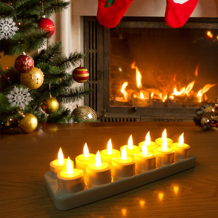 SoulBay 12pcs Rechargeable LED Tea Lights, Battery Operated Flameless Flickering Small Candles with Charging Base for Room Restaurant Lantern Wedding Christmas Decorations (Remote NOT Included)