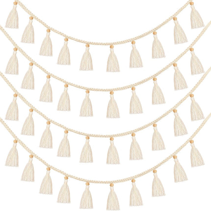 Boho Macrame Tassel Garland Hanging Banner for Classroom Cotton Tassel Home Decor Nursery Room Decorative Wall Woven Hangings for School Supplies Party Decor(4 Pieces,47.2 Inch)